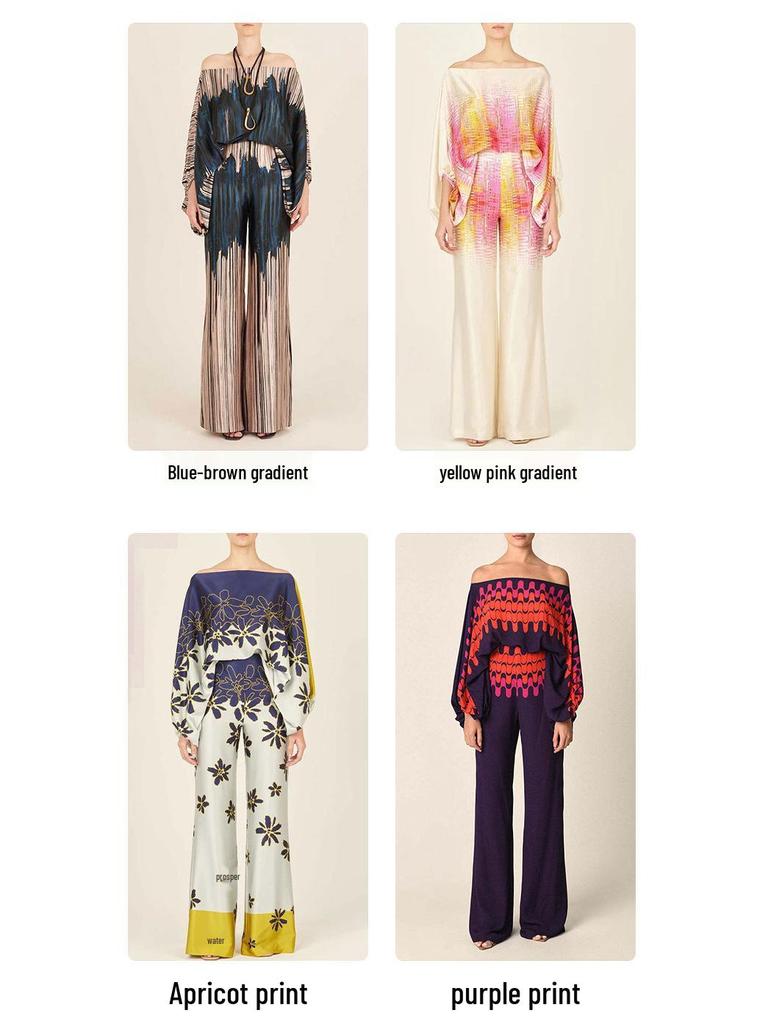 European & American Women's Print Top & Wide-Leg Pants Set with Batwing Sleeves