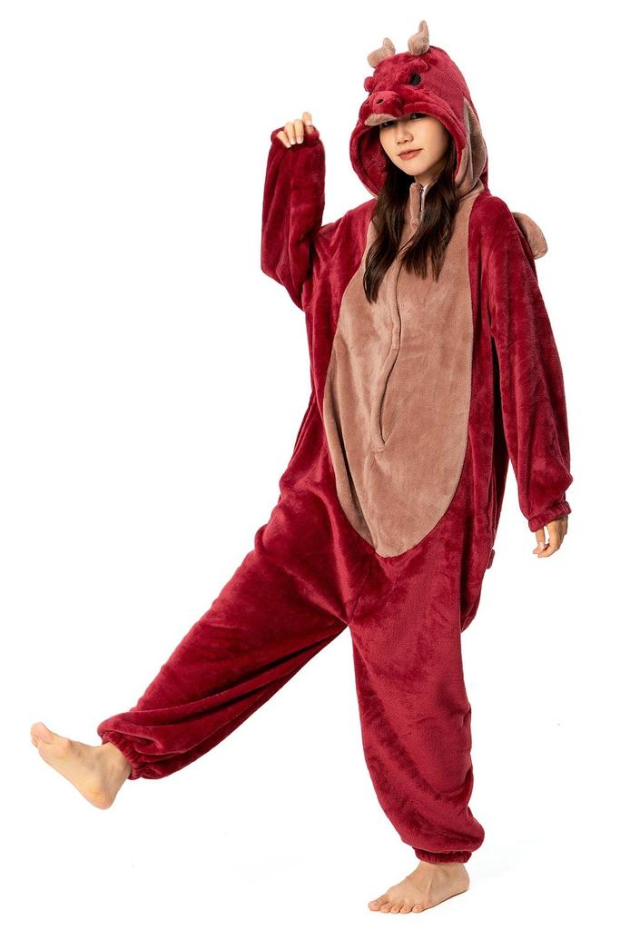 OLAOLA Dragon Kigurumi Pajamas for Halloween Animal Fluffy Dragon Warm and Flannel Unisex Adults, Red, Costume, Costume, Pajamas, Cold-Proof