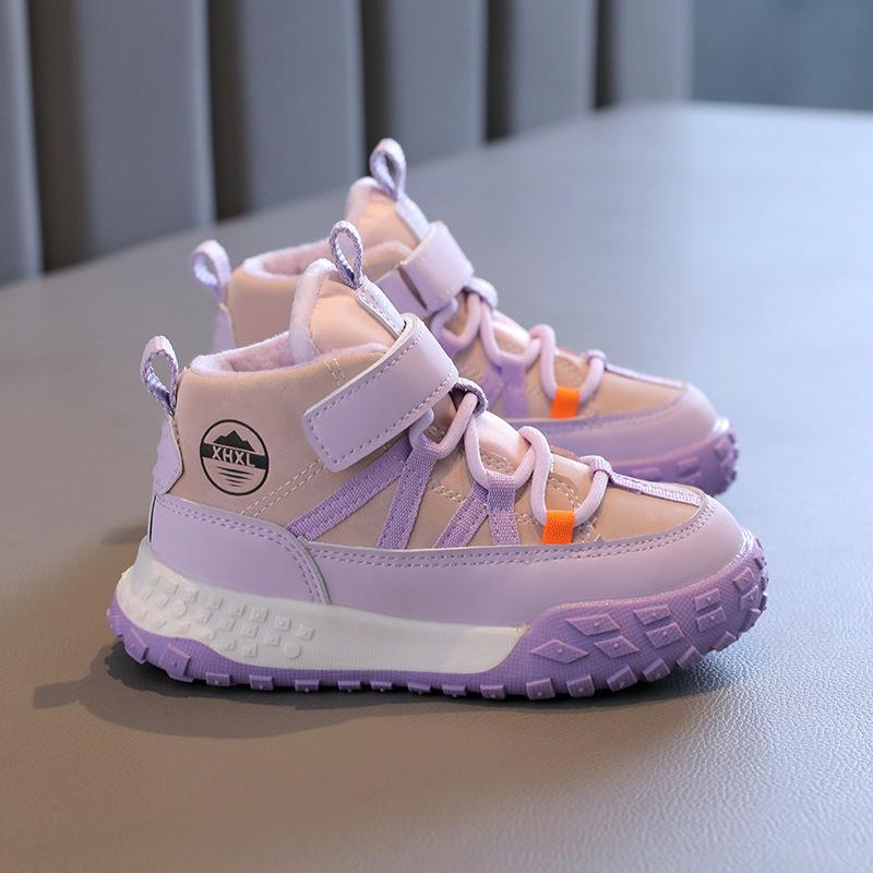 Children's Shoes Plus Velvet Warm Sports Shoes Autumn and Winter Leather Velcro Waterproof Running Shoes