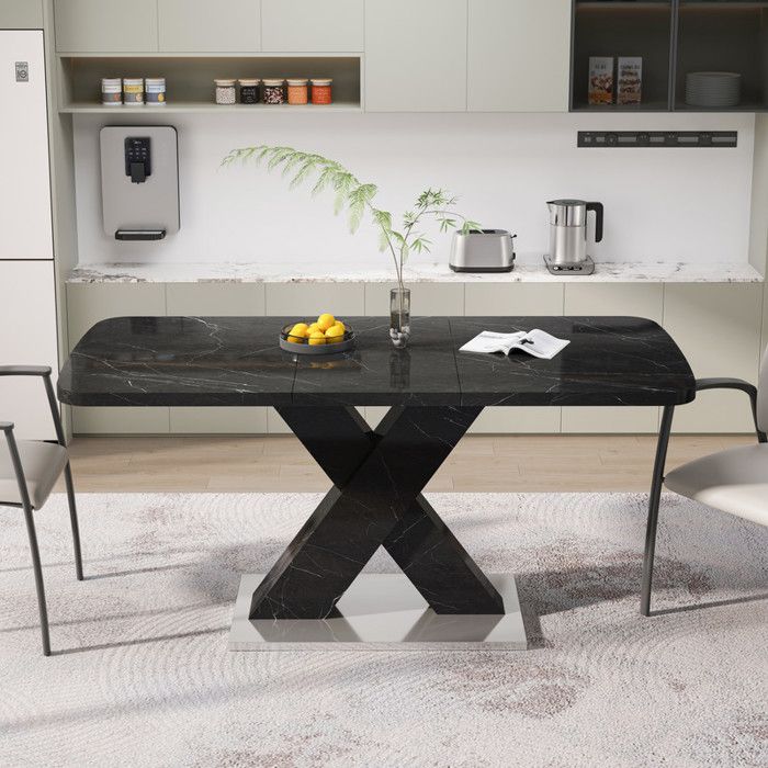 Extendable Dining Table - MUVOE - Rectangular - Black Marble Top - 6 Seats - Easy To Assemble