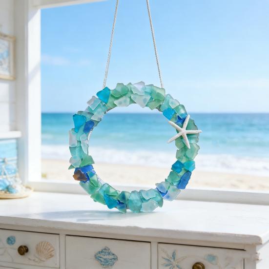 Sea Glass Wreath Handmade Coastal Style Christmas Ornament for Front Door Window Kitchen Cabinet Chair Wall Home Decor