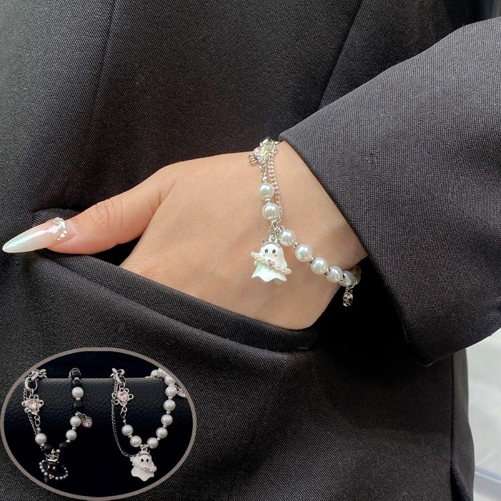 2PCS Pearl Beaded Halloween Couple Bracelets Funny Ghost Pendant Bracelet  Friends