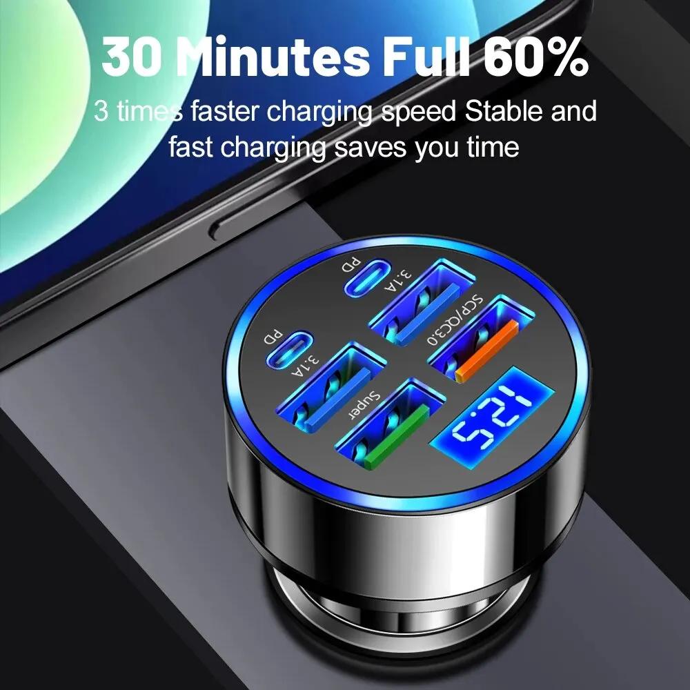 250W 6 Ports Car Charger Fast Charging PD QC3.0 USB C Car Phone Charger Type C Adapter In Car For iPhone Samsung Huawei Xiaomi
