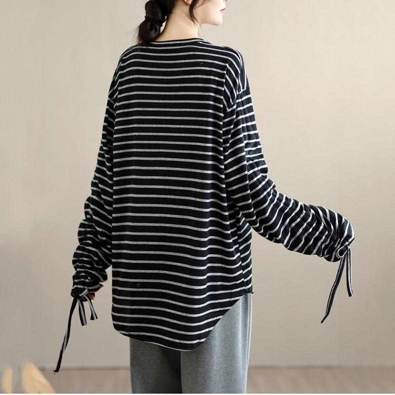 long sleeve oversized Knitted vintage stripe Casual loose spring autumn t shirt tops Women t-shirt