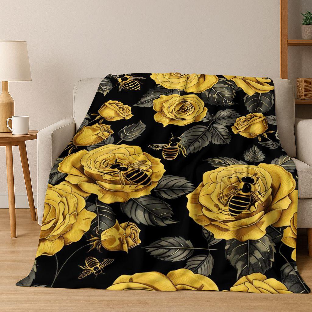 Cute Cartoon Bee HoneyBee Insect Art Flannel Blanket,Cozy Soft Throw Blanket for Home Bedroom Bed Sofa Picnic Cover Gift Kids