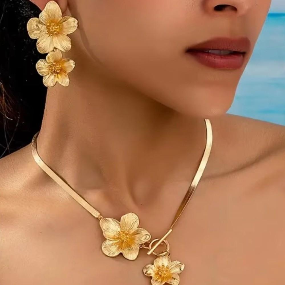 3pcs/Set OT Clasp Floral Earrings Jewelry Sets Exaggerated Snake Chain Necklace Summer Beach