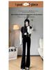 2026 Women's Black High Waist Slimming Micro Flare Trousers - Fluffy Stretchy Winter Style