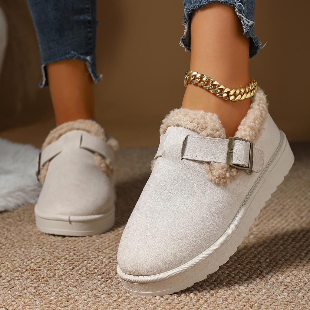 Fashion Women Brown Suede Closed Toe Boots Lined Buckle Strap Platform Winter Warm Comfortable Casual Slip on Boots for Women