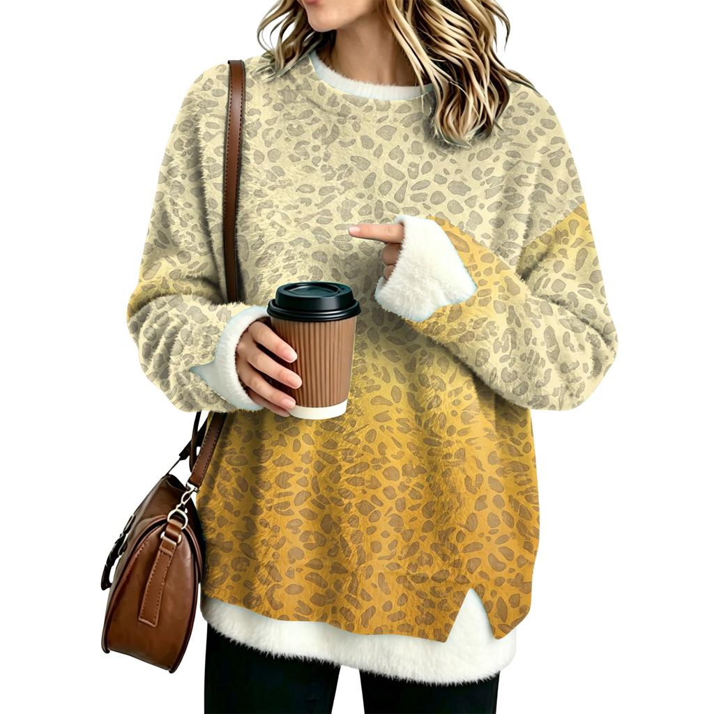 Women's Flannel Leopard Print Top, Round Neck Two-Piece Blouse for Casual Wear
