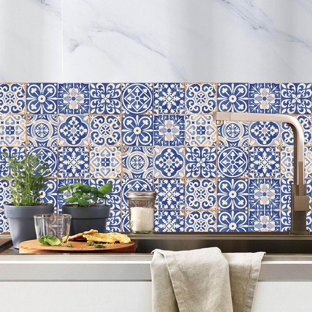 Blue and White Porcelain Tile Sticker 24pcs Self Adhesive Home Kitchen Smooth