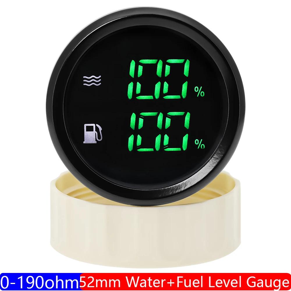 Waterproof Dual Gauge with Alarm Light 52mm Water Level+Fuel Level Gauge for Fuel Float Level Sensor 0-190 Ohm Boat Car