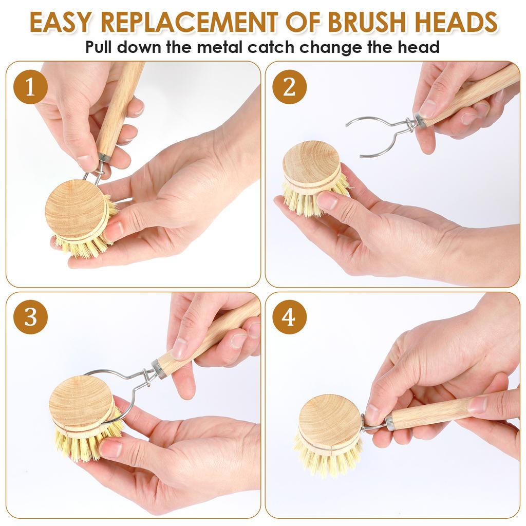 3/5Pcs Wooden Dish Brush Replaceable Long Handle Kitchen Cleaning Brush Set Natural Sisal Scrubbing Brush for Cleaning Pots Pan