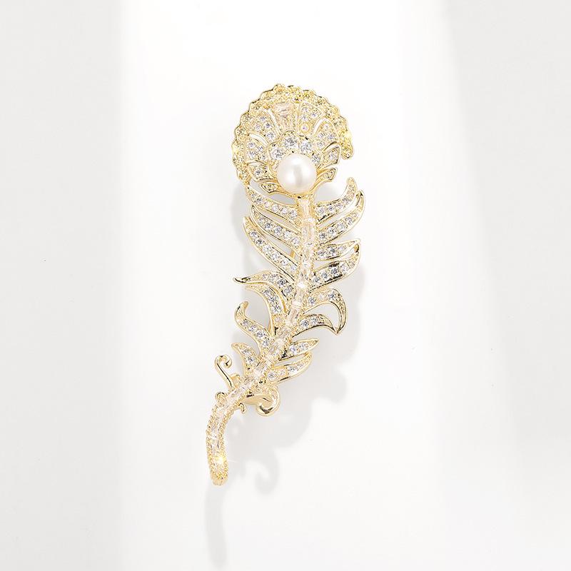 Korean Style Zirconia Feather Brooch with Natural Freshwater Pearl - Elegant Clothing Accessory Pin