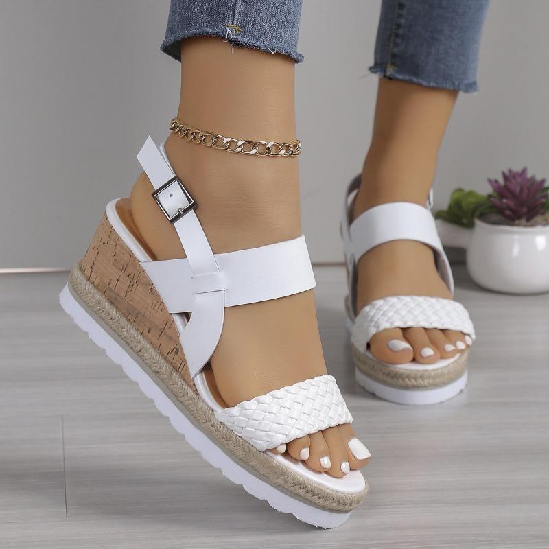 Large Size One-word with Wedge Sandals Women's Summer Cross-border Buckle Thick-soled Woven Lightweight Beach Sandals