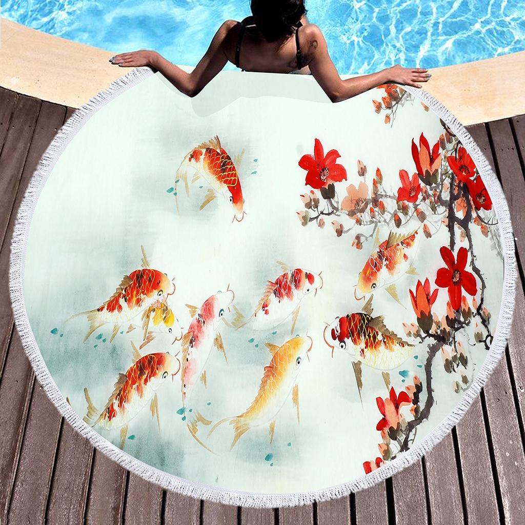 Fish Print Round Beach Towels Soft Microfiber Ocean Animal Print Beach Blanket Quick Dry Pool Towel Picnic Mat For Teens Adults