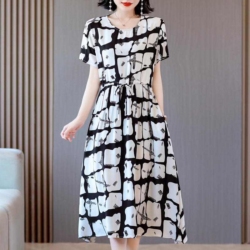 Elegant Dresses for Women  New Casual Vintage Print Long Dress Summer Short Sleeve Korean Style Female Clothing