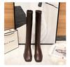 Leather Boots Women's Thick Heel Brown Square Head Tall Knight Boots But Knee Boots Elastic Long Tube 2021 Autumn and Winter