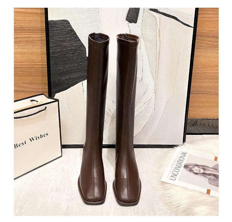 Leather Boots Women's Thick Heel Brown Square Head Tall Knight Boots But Knee Boots Elastic Long Tube 2021 Autumn and Winter