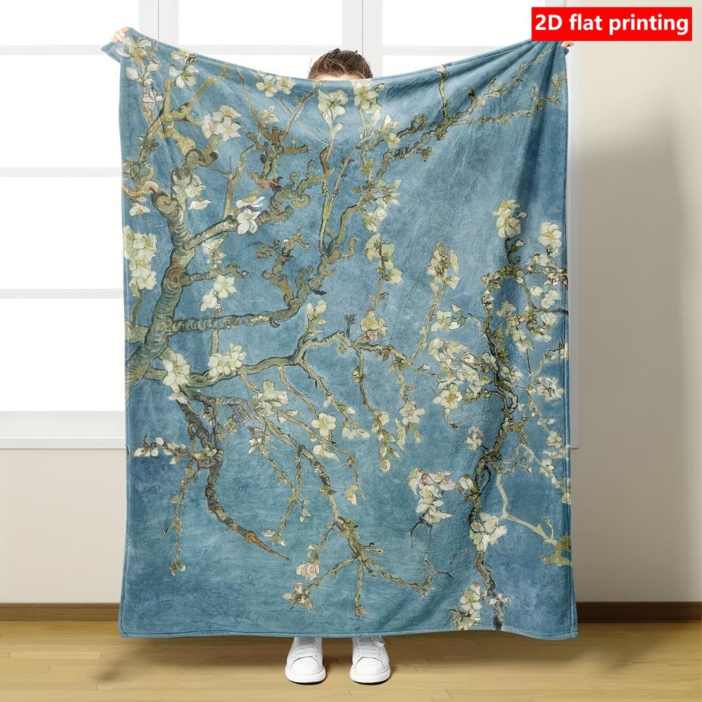 2D Flat Printing 1pc, Almond Flower Pattern Fleece Blanket, Soft Casual Warm Blanket, Multifunctional Office Blanket, Outdoor Camping Travel Blanket,