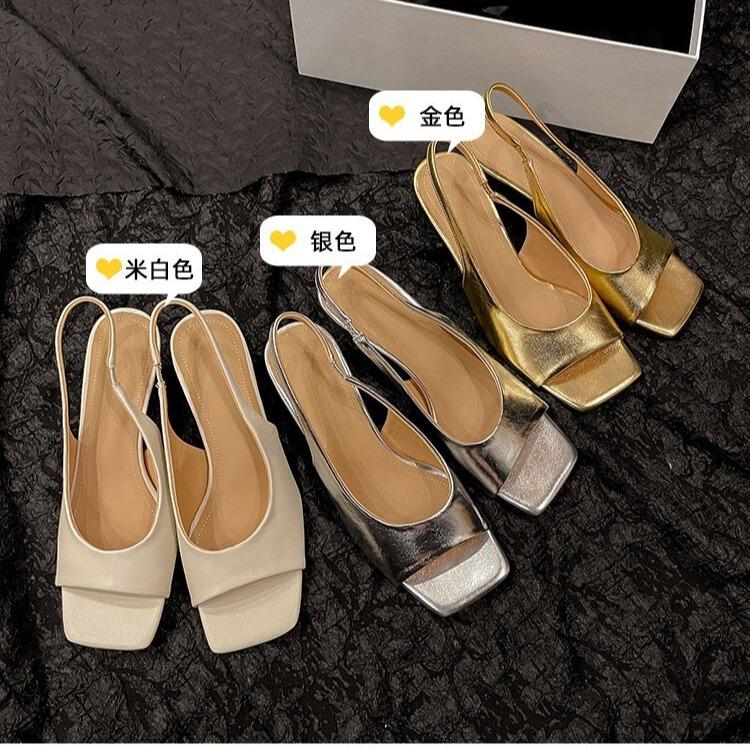 

Bao single simple temperament square head leaking toe sandals 2025 summer full leather cat heel elastic Korean version women s shoes 40 золотой