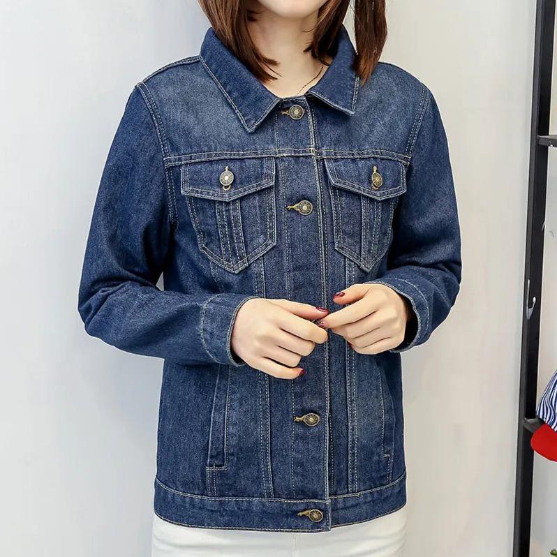 Blaue kurze Jeansjacke mit Taschen Damen Boyfriend-Jeansmantel Streetwear Vintage Herbst Basic Mäntel Oberbekleidung