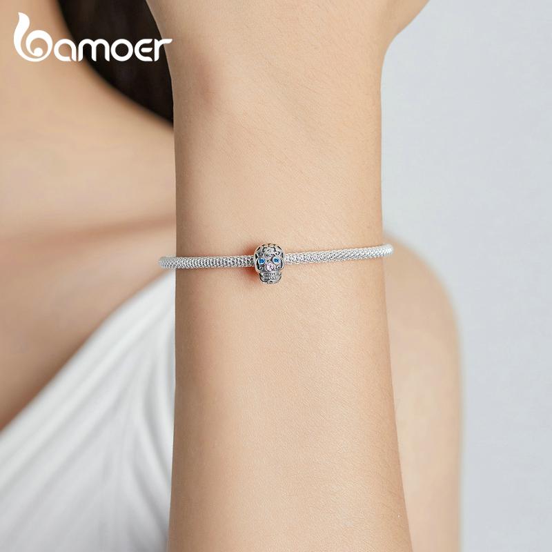 BAMOER 925 Sterling Silver Halloween Blue and Pink Zircon Pattern Skull Charm Beads for Women Fine Jewelry