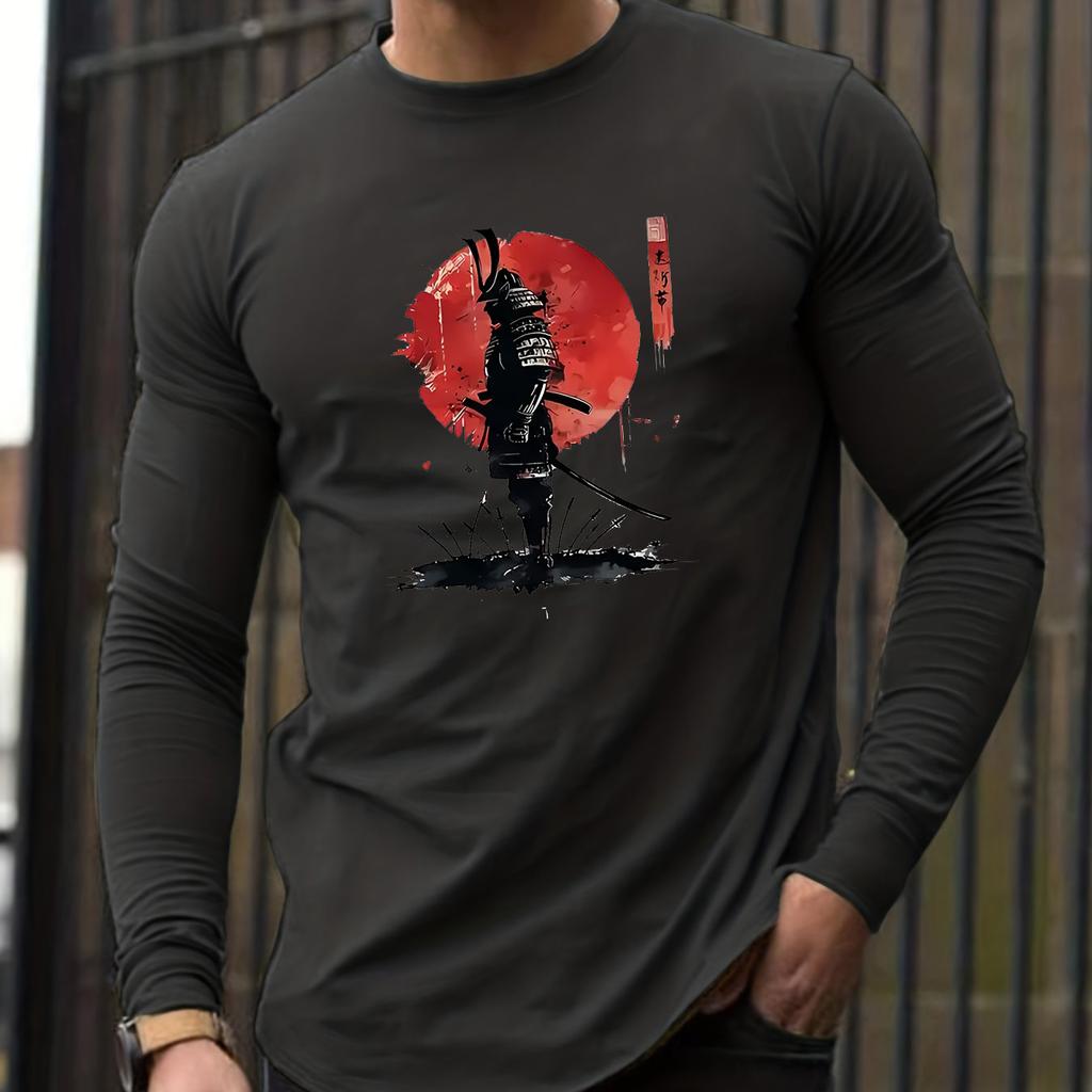 T-shirt da uomo 100% cotone puro, larga e comoda, casual, sportiva, con stampa pattern Samurai giapponese, girocollo, manica lunga