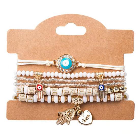 6Pcs/Set Women Bracelet Bohemia Style Elastic Rope Beads Bracelet with Palm Charm Adjustable Length Multi-layer Stackable Bracelets