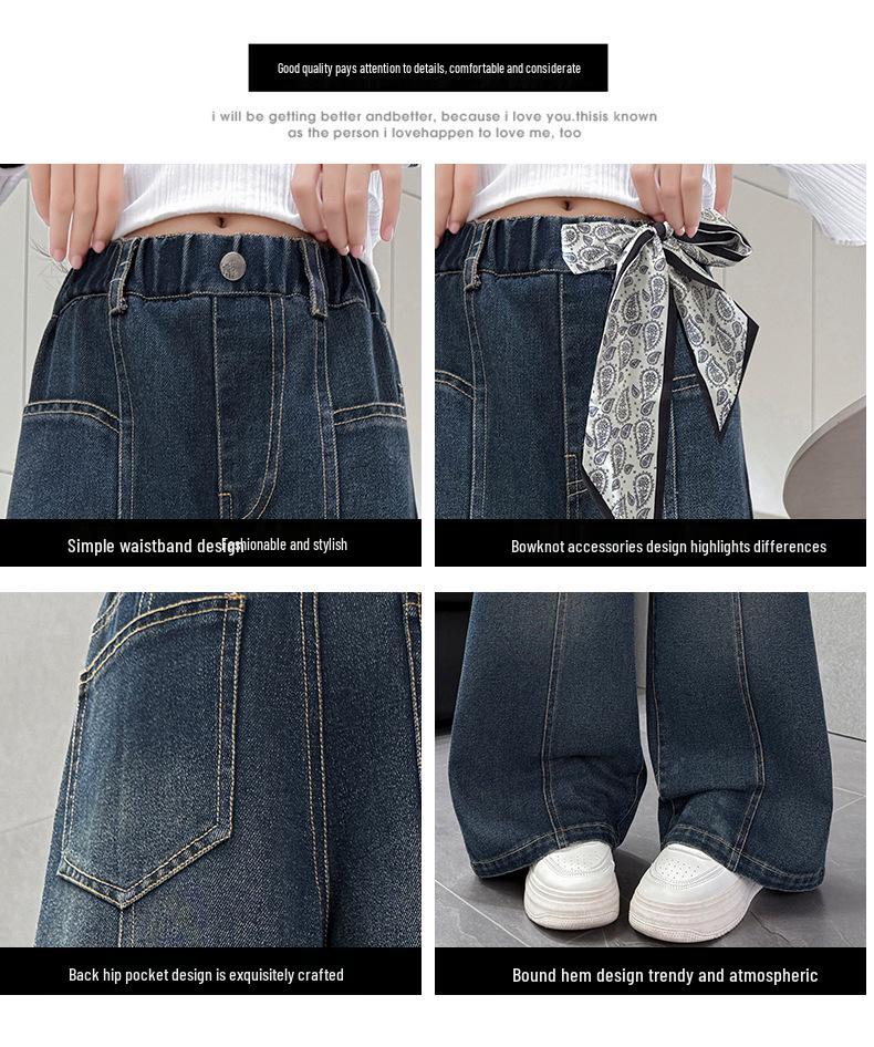 Girls' High-Waisted Wide-Leg Jeans - Deep Blue Multi-Pocket Slimming Pants for Older Children