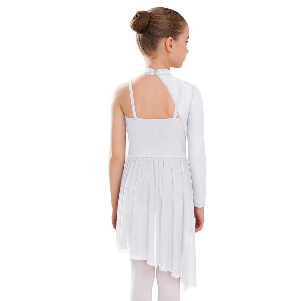 Children’s Dance Dress One Shoulder Long Sleeve Mesh Patchwork Spaghetti Straps Irregular Hem Asymmetrical Style for Lyrical Routine