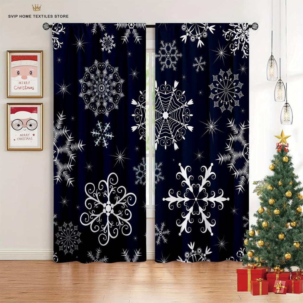 Christmas Cartoon Print Curtains, Snowflake Curtains, Party Decoration, Bedroom, Restaurant, Holiday, 2 Pieces