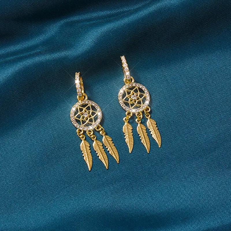 Bohemian Dream Catcher Earrings Dreamcatcher Feather Long Drop Dangle Earrings for Women Cubic Zirconia Jewelry золотой