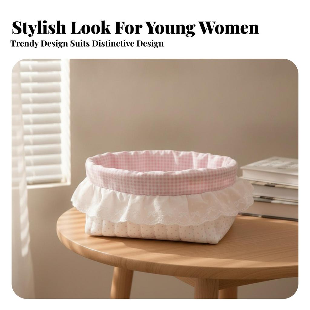 Quilted Textile Basket Gingham Lining Lace Trim Dotted Pattern for Desk