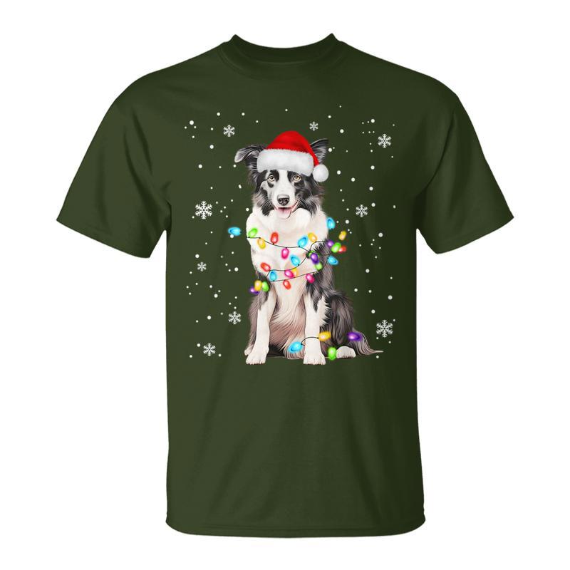 Santa Border Collie Christmas Tree Light Pajama Dog X-Mas T-Shirt