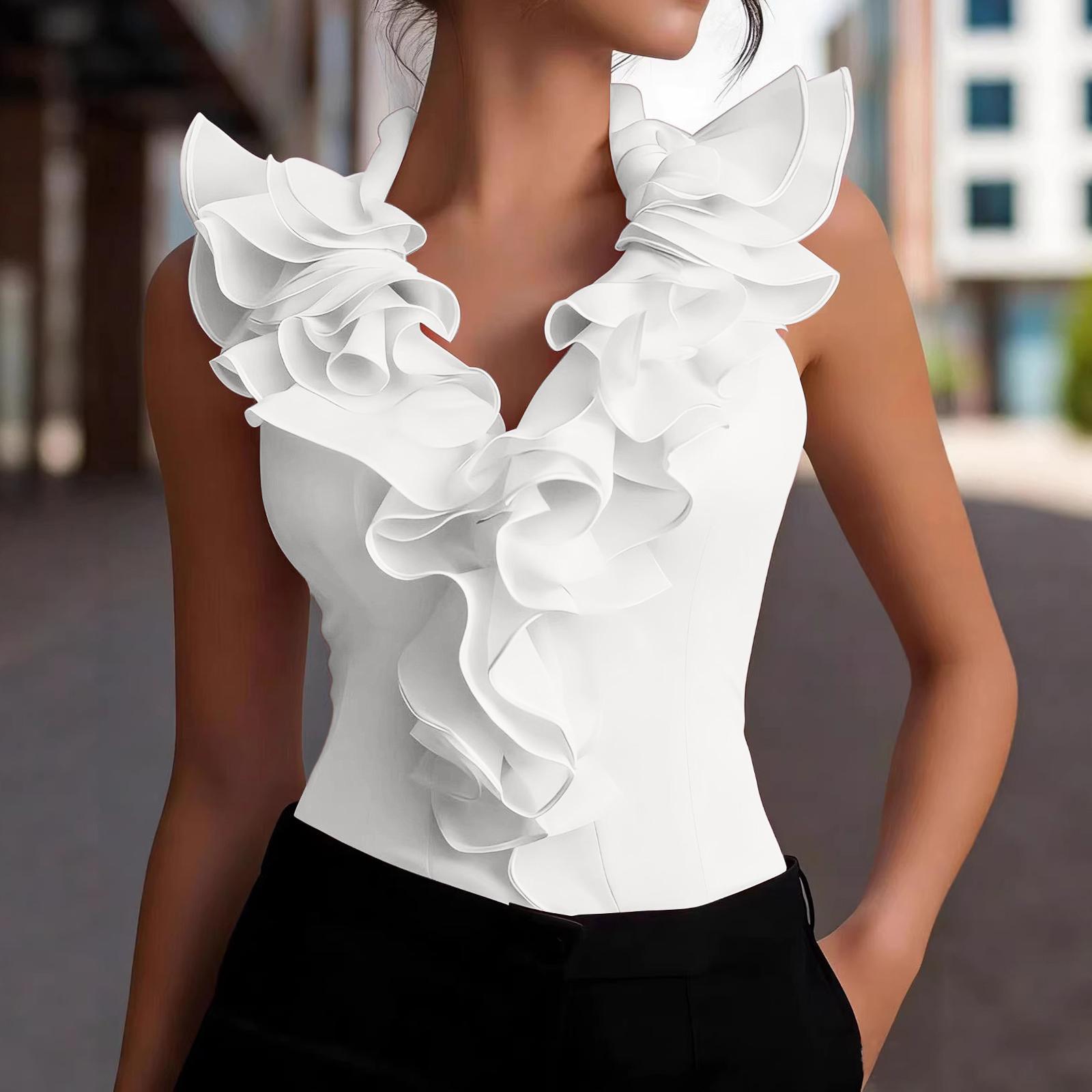 

Women s Ruffle Detail Sleeveless Blouse V Neck Layered Ruffled Front Shirt Top Elegant Design Slim Fit L білий