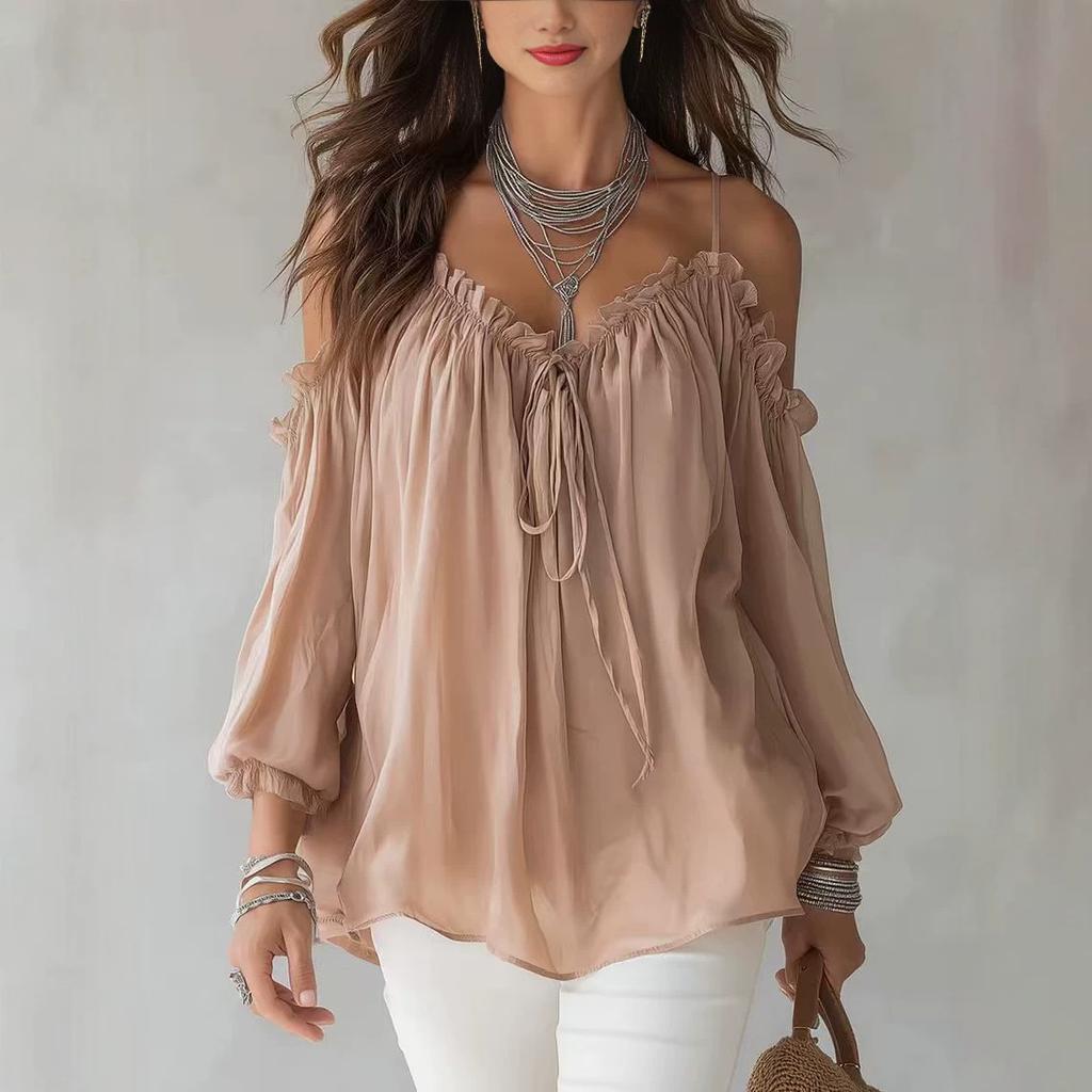 Women Casual Off Shoulder Ruffle V Neck Lace Up Strap Long Sleeve Shirt