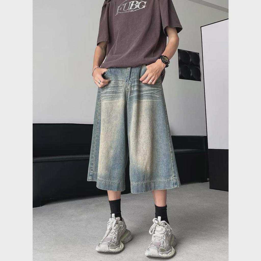Men's Retro Washed Loose Denim Shorts – High Street Wide-Leg Distressed Casual Cropped Trousers Trend