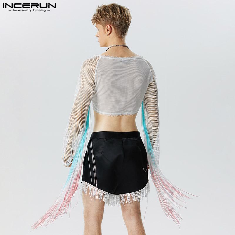 Buy INCERUN Summer Men Rainbow Mesh Cropped Fringe Long