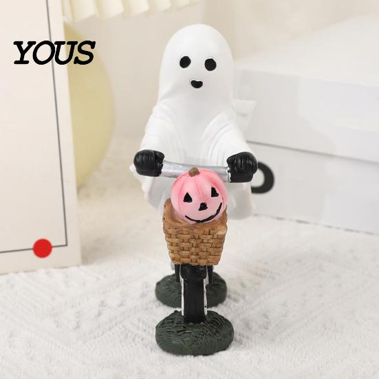 Halloween Ghost Bike Ornament Riding Bicycle Resin Figurine, Spooky Desk Shelf Decor for Handmade Holiday Gift Enthusiasts Home Entryway, Hand-Painted