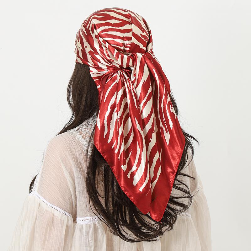 90*90cm Print Satin Big Square Silk Scarves Female Shawls for Women Stripe Print Hijab Headband Handkerchiefs Hair Silk Scarf