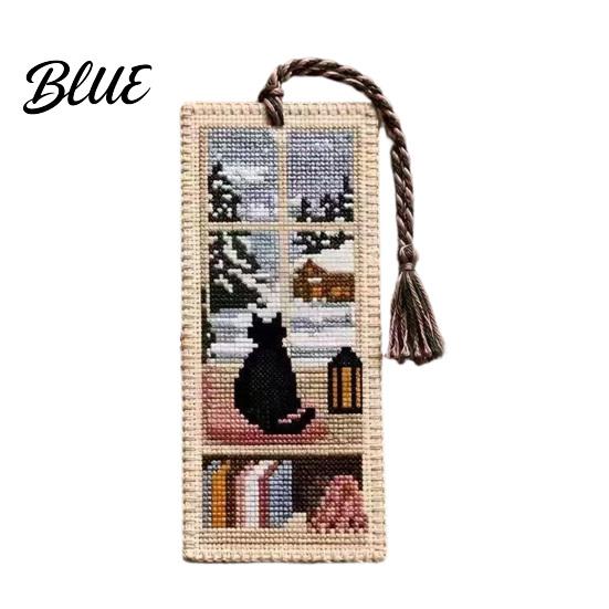 Cross-stitch Bookmark Seasonal Cat Cross-Stitch Bookmark Four Seasons Black with Artistic Braided Rope Handcrafted Book Page Marker for Lovers
