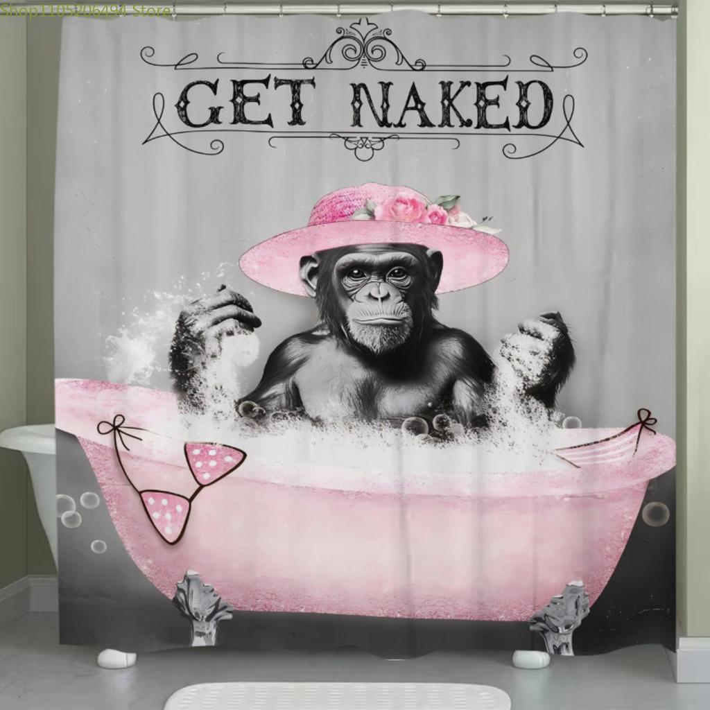 1 Stück Frühling Affe Bade Duschvorhang - "Get Naked" Textdesign, Verspielter Schimpanse in Rosa Hut & Wanne, Waschbares Polyester, Bohrlos