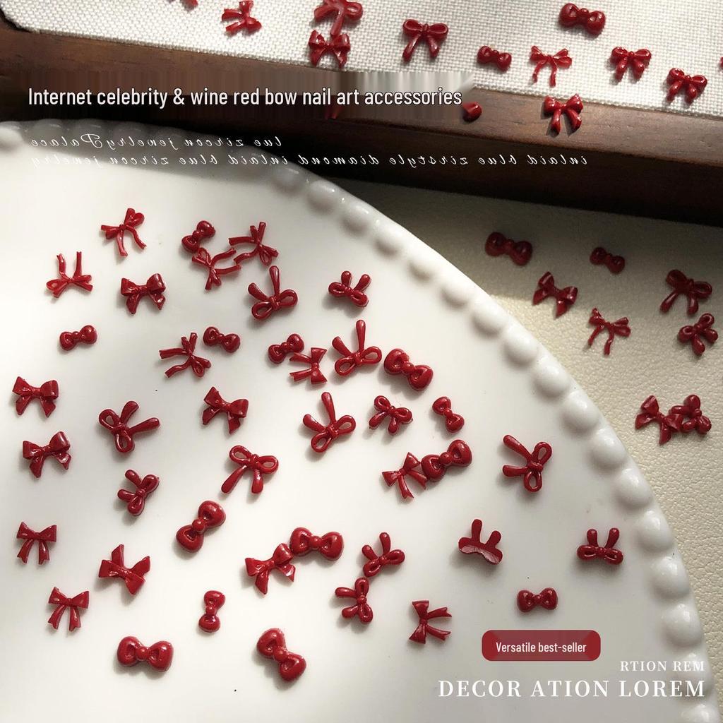 Ancola Burgundy Red 3D Resin Bow Nail Art Accessories - New Year Edition