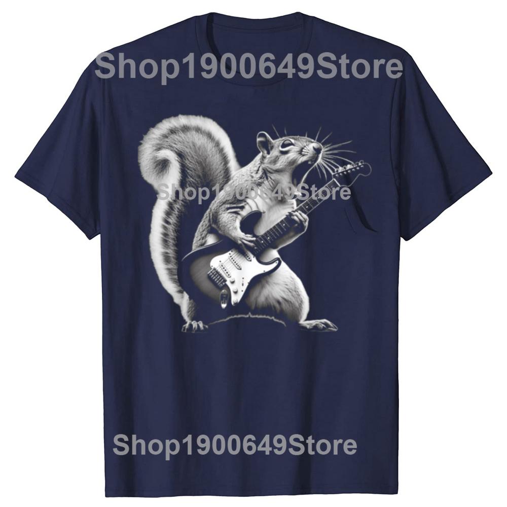 Funny Squirrel Playing Guitar Rock and Roll T-shirt Men Women's Fashion Casual Tshirt 100% Cotton Loose Oversized T Shirt Summer