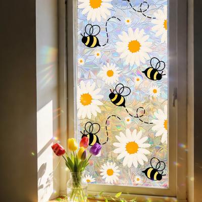 Yousheng Fensteraufkleber Heilende Quelle Fensterszene Abziehbar Statische Sichtschutzfolie Blumen-Bienen-Muster Haustür Spiegel