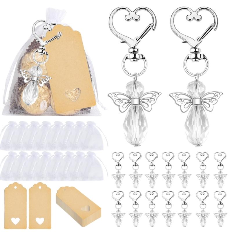 30Pcs Angel Wing Charm Keychain Decorative Key Holder with Drawstring Gauze Bag and Labels for Baby Showers Wedding