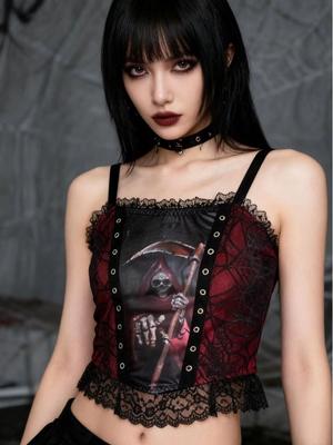 Donkere Goth Doodsgod Print Kant Patchwork Camisole - Snelle Levering Hot Girl Crop Top