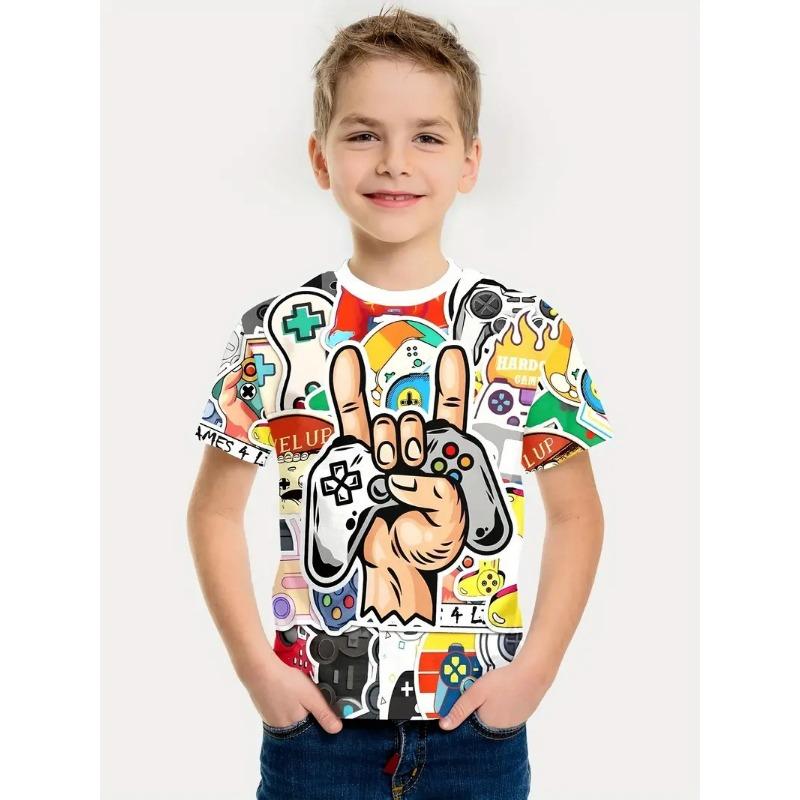 Personalisiertes Splicing 3D-gedrucktes Kinder-Sommer-Kurzarm-Rundhals-Jungen-Top-T-Shirt