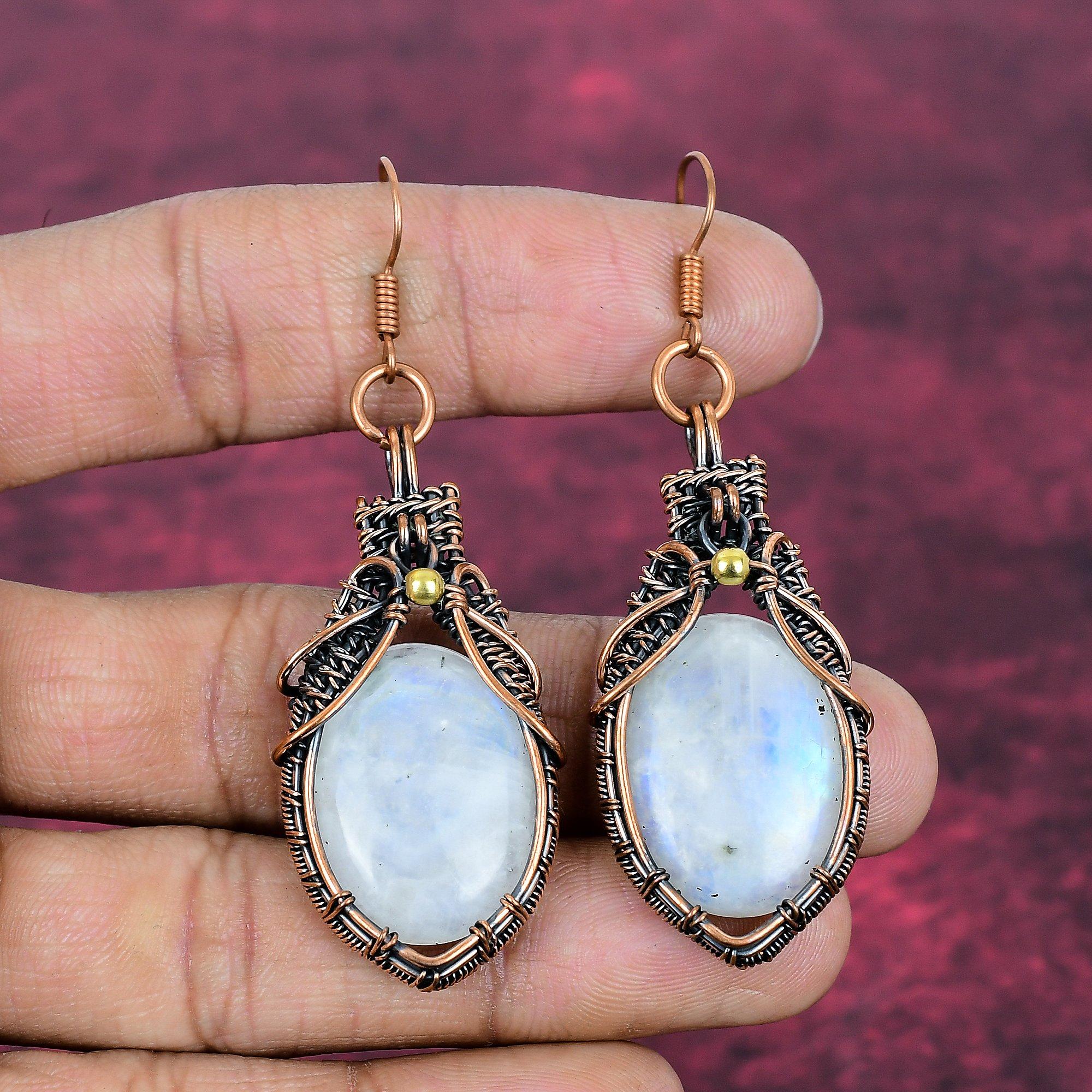 Rainbow Moonstone Earrings Natural Gemstone Earring Copper Wire Wrapped Jewelry