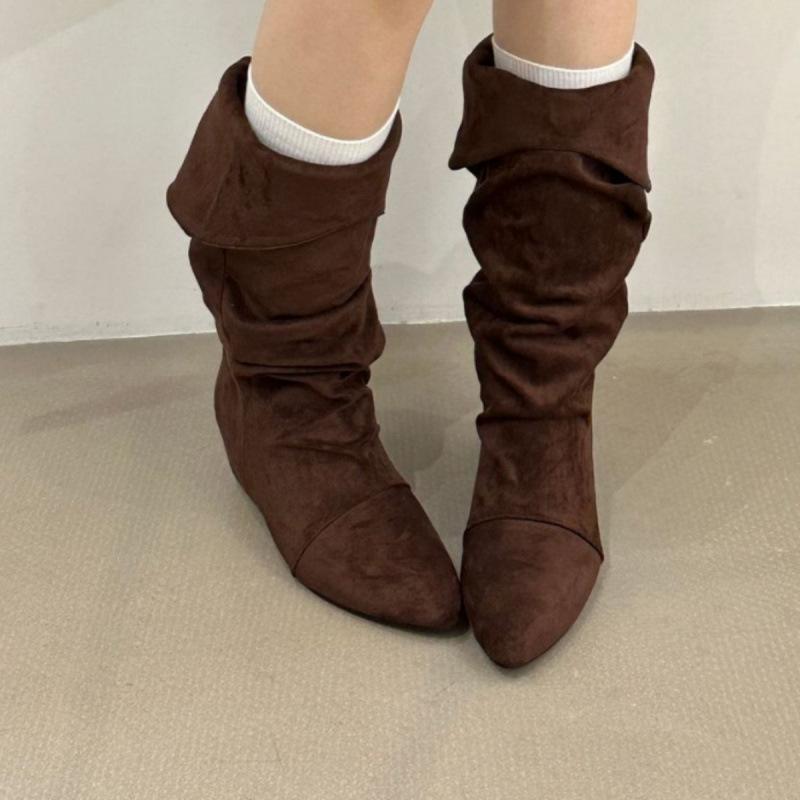 

2025 pointed suede thin short cat thin heel women s pile boots fashionable retro European and American versatile medium boots women s boots 39